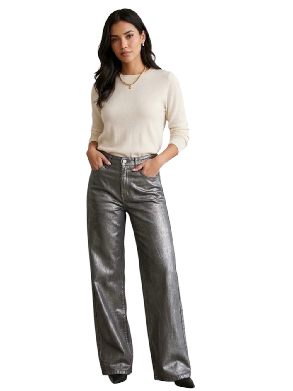 Wild Fable Womens Metallic Grey High Waist Wide Leg Jeans Size:2